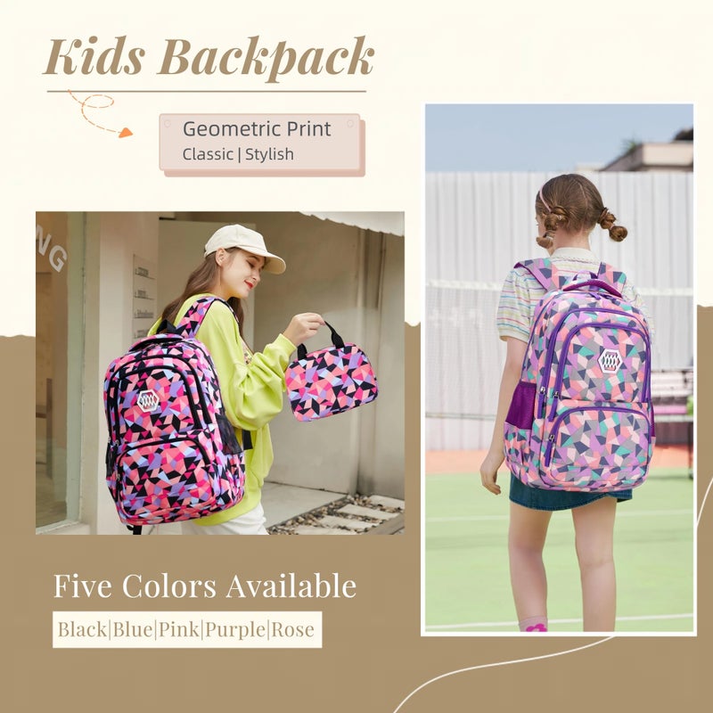Bansusu 3Pcs Geometric Print Kids Backpack Set for Girls with Lunchbag, Purple Girls Backpack Elementary Middle School Bag Bookbag - Image 2